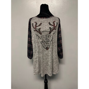 Women's EXCLUSIVE ONE Gray christmas graphic and Plaid Long Sleeve Tee size XL